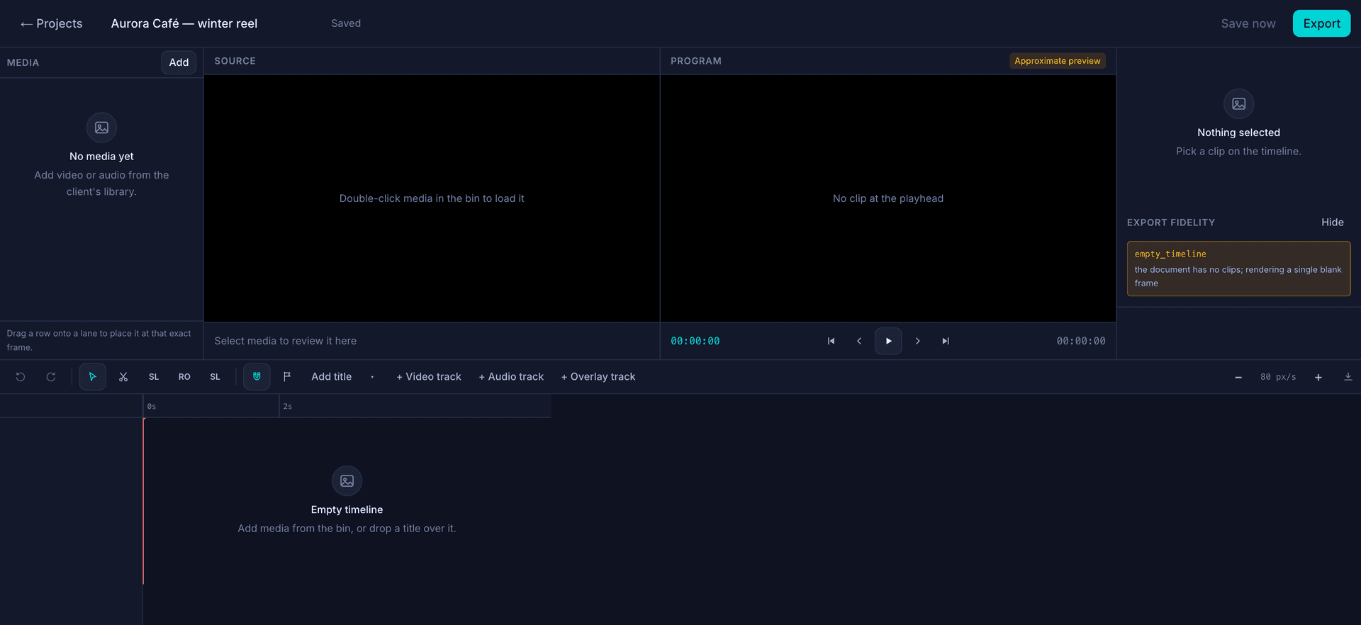 The Ignis video editor: the media shelf, the source and preview windows, an export accuracy panel, and a multi-track timeline.