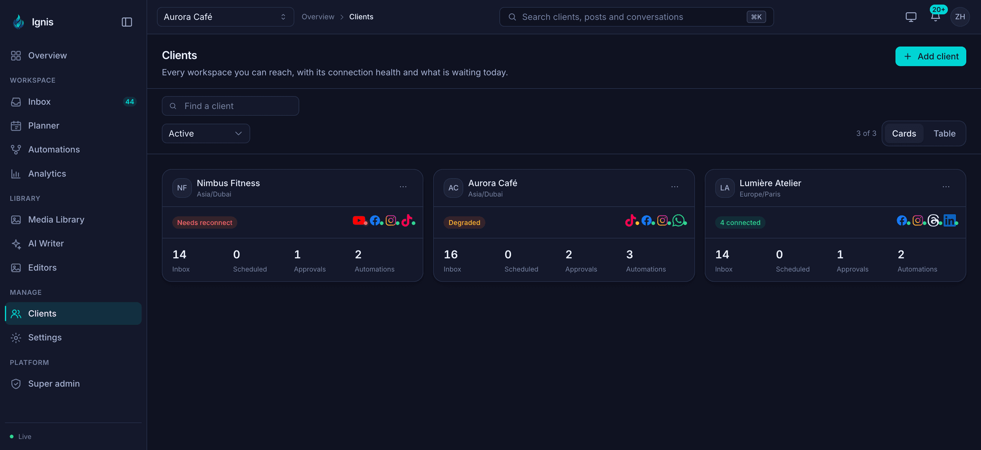 The Ignis clients screen: three client cards showing connection state, one needing a reconnect, one degraded and one with four accounts connected, each with counts for inbox, scheduled posts, approvals and automations.